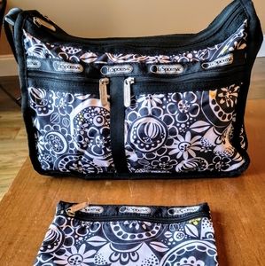 GUC Le Sportsac Black and White Floral Deluxe Everday Bag